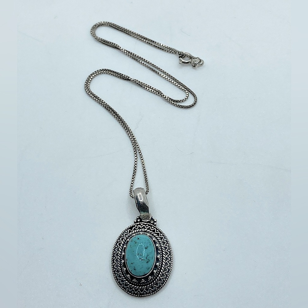 Vtg Sterling & Turquoise Oval Cabochon Pendant w Chain Boho Tribal / 18” + 1.6” - Picture 1 of 8